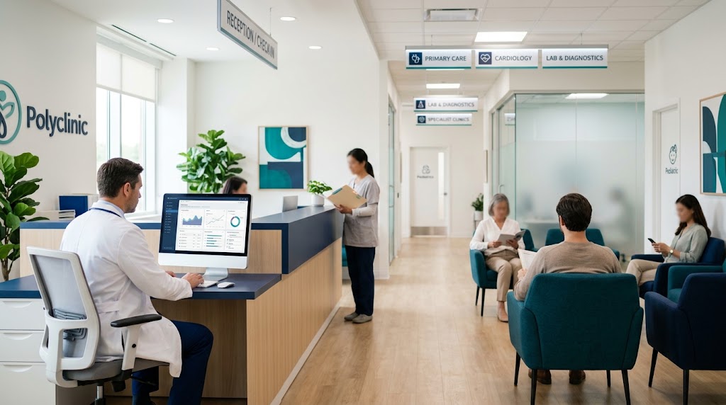 Reception and waiting area of a multi-specialty polyclinic running TripoClinic, with department signage for Primary Care, Cardiology, and Lab & Diagnostics