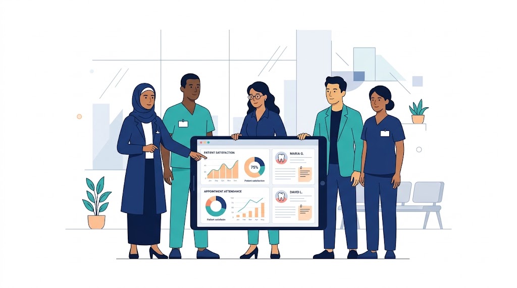 Multi-specialty care team reviewing a shared patient dashboard in TripoClinic